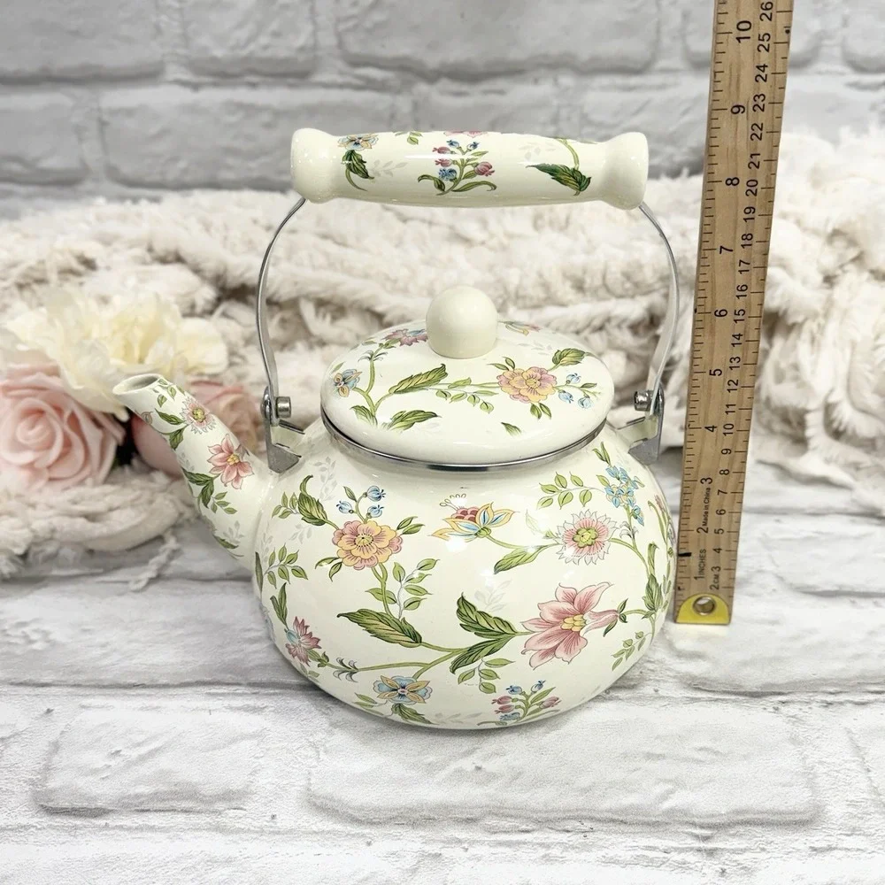 Floral Enamel Tea Pot Kettle Stove Top Porcelain  Cottage Core Farmhouse Nice! - Picture 9 of 15
